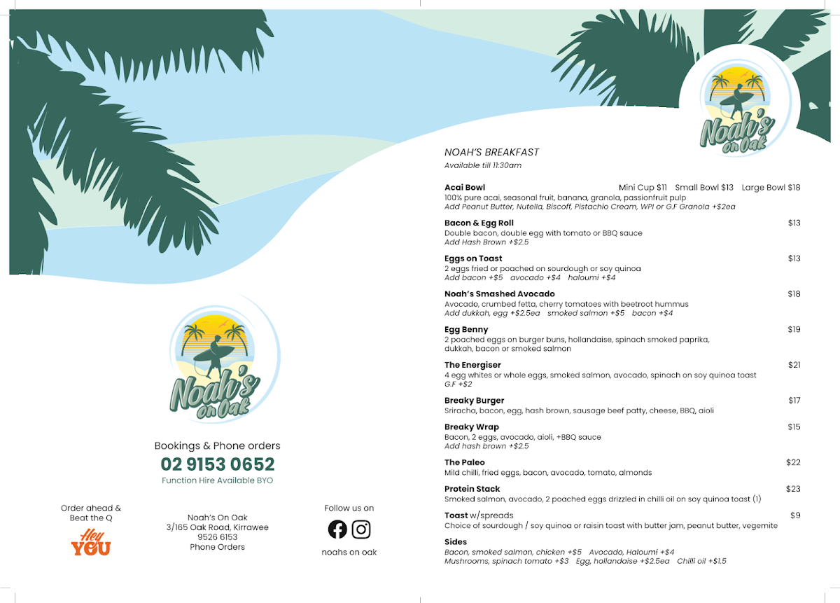 Menu, Noah's On Oak