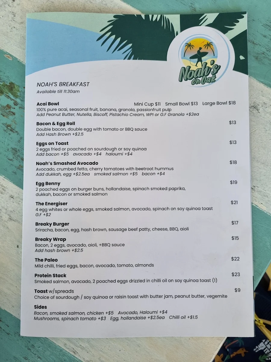 Menu, Noah's On Oak