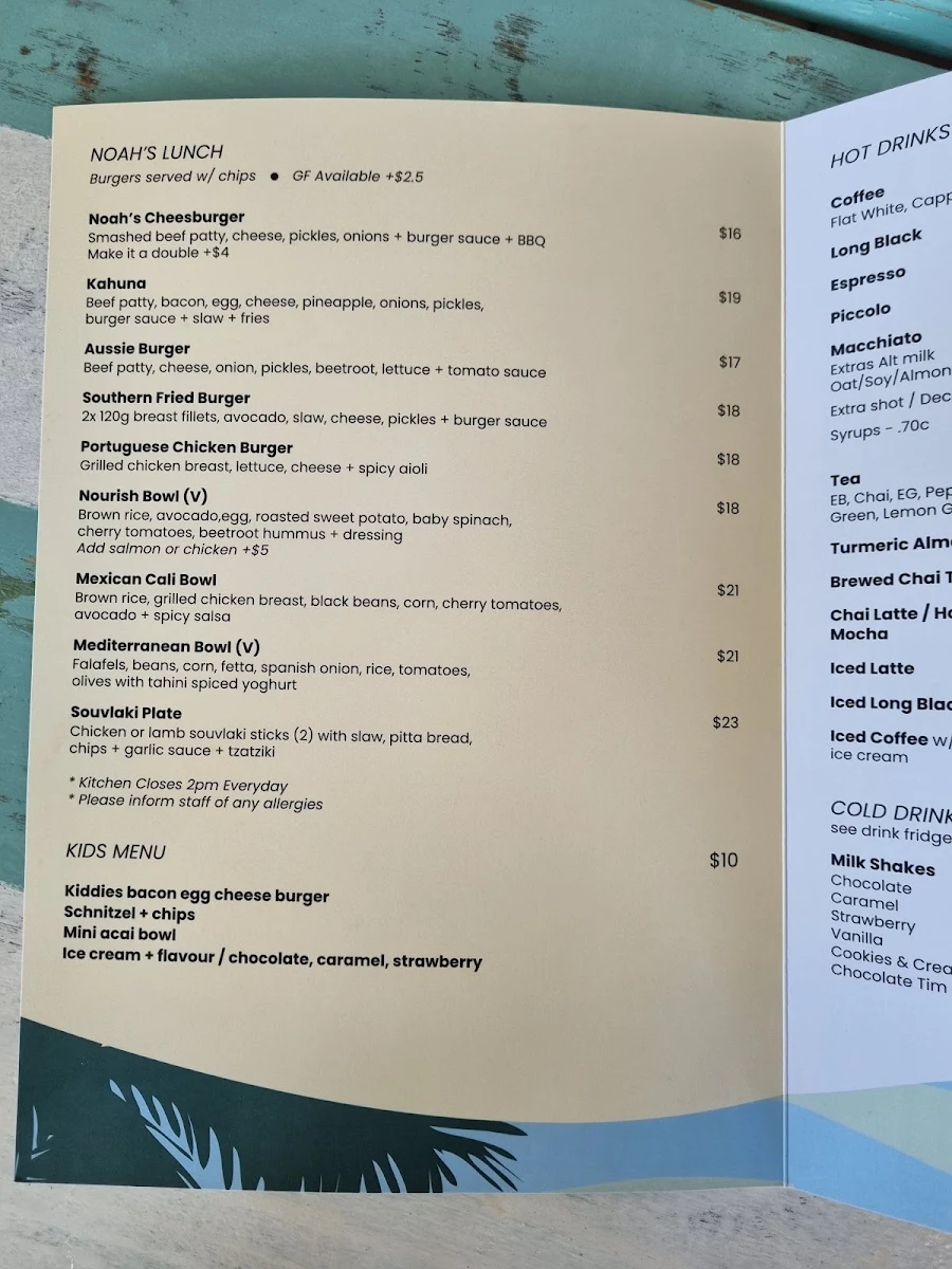 Menu, Noah's On Oak