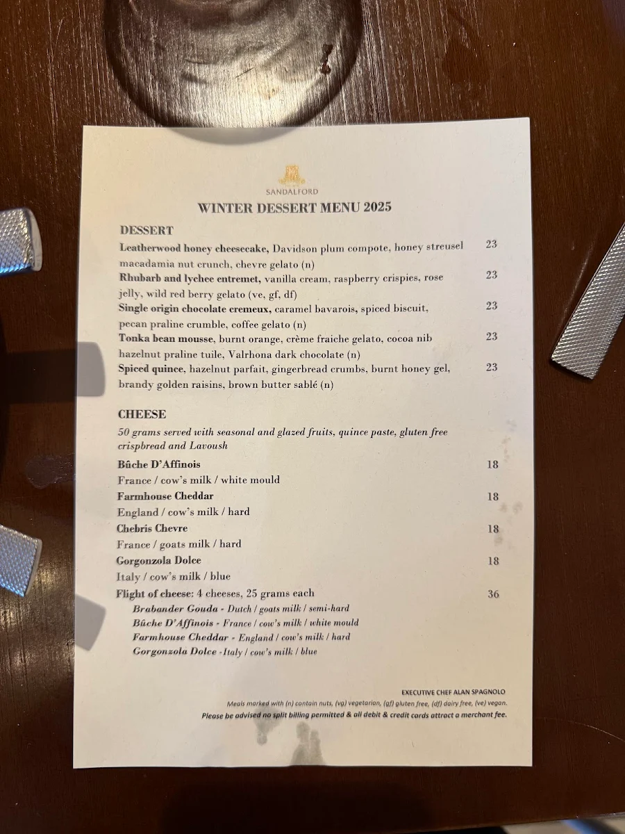 Menu, Sandalford Restaurant