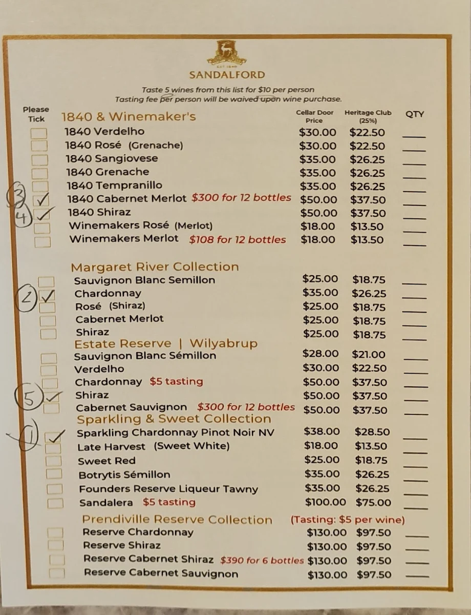 Menu, Sandalford Restaurant