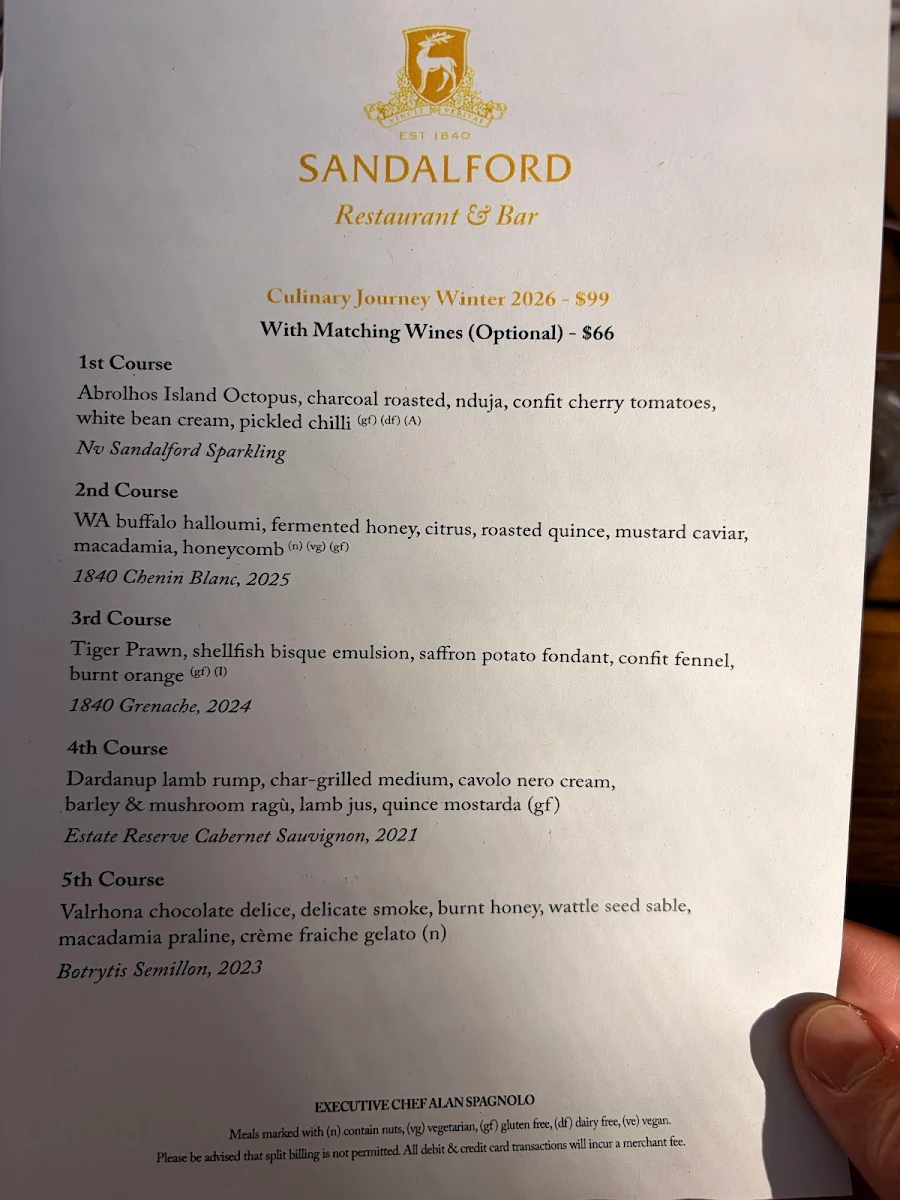 Menu, Sandalford Restaurant