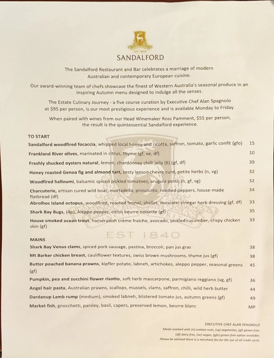 Menu, Sandalford Restaurant