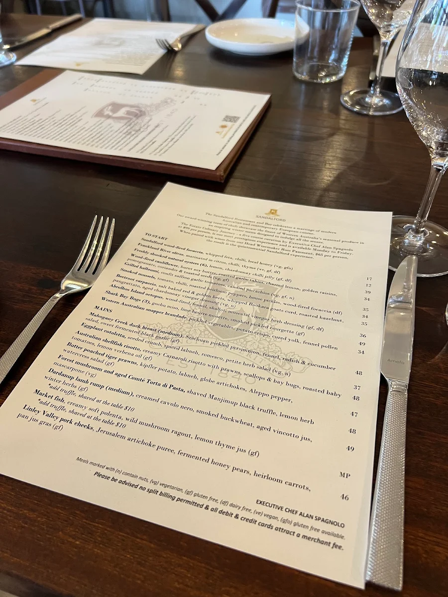 Menu, Sandalford Restaurant