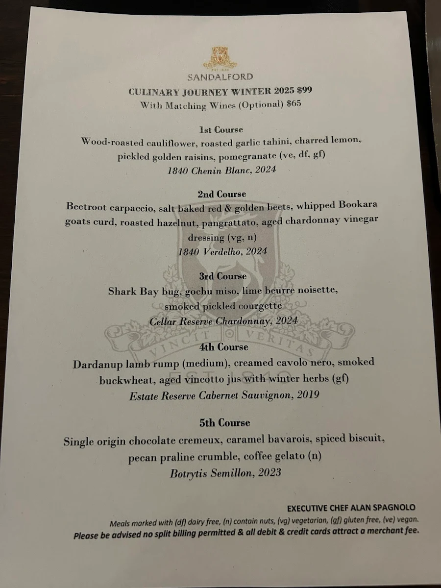 Menu, Sandalford Restaurant