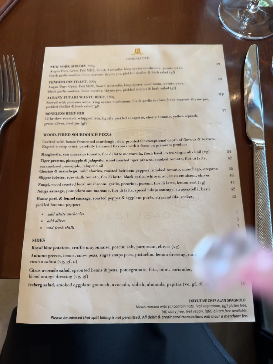 Menu, Sandalford Restaurant