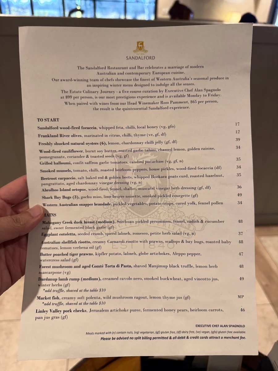 Menu, Sandalford Restaurant