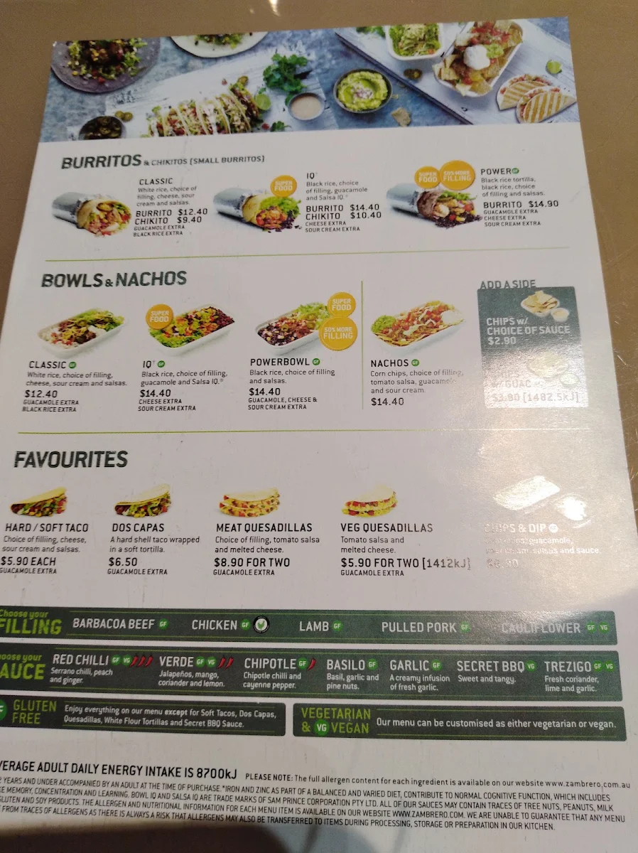 Menu, Zambrero Ascot