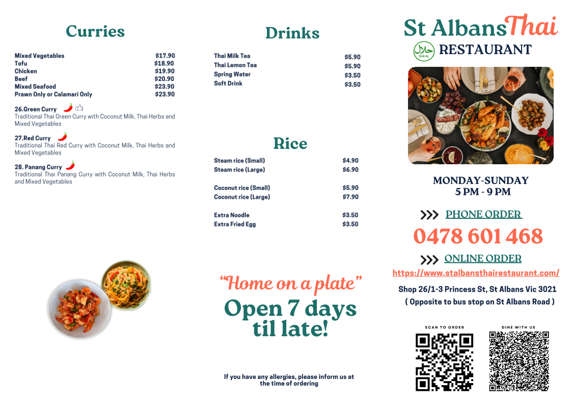 Menu, St Albans Thai Restaurant