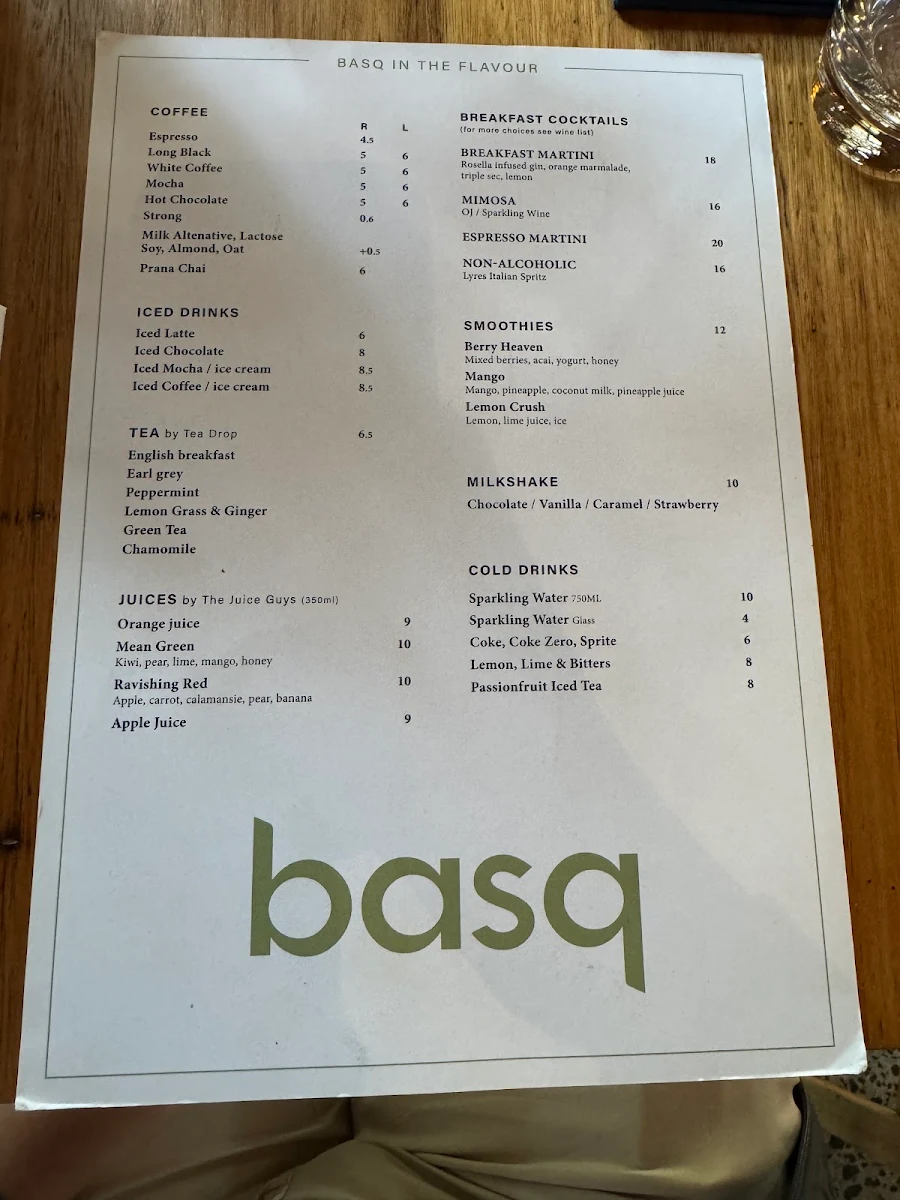 Menu, Basq - Essendon Fields