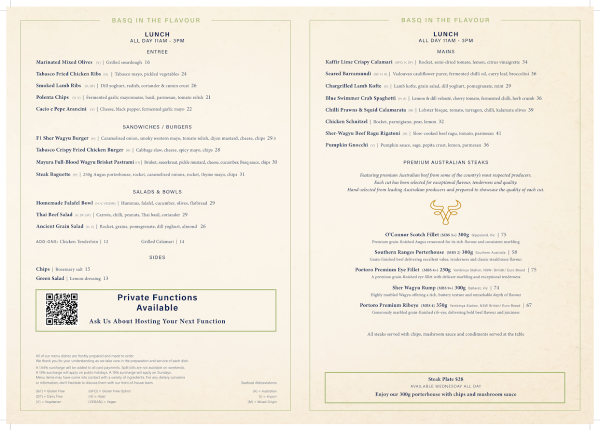 Menu, Basq - Essendon Fields