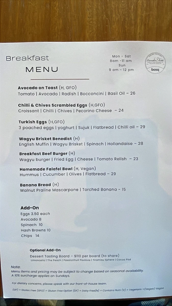 Menu, Basq - Essendon Fields