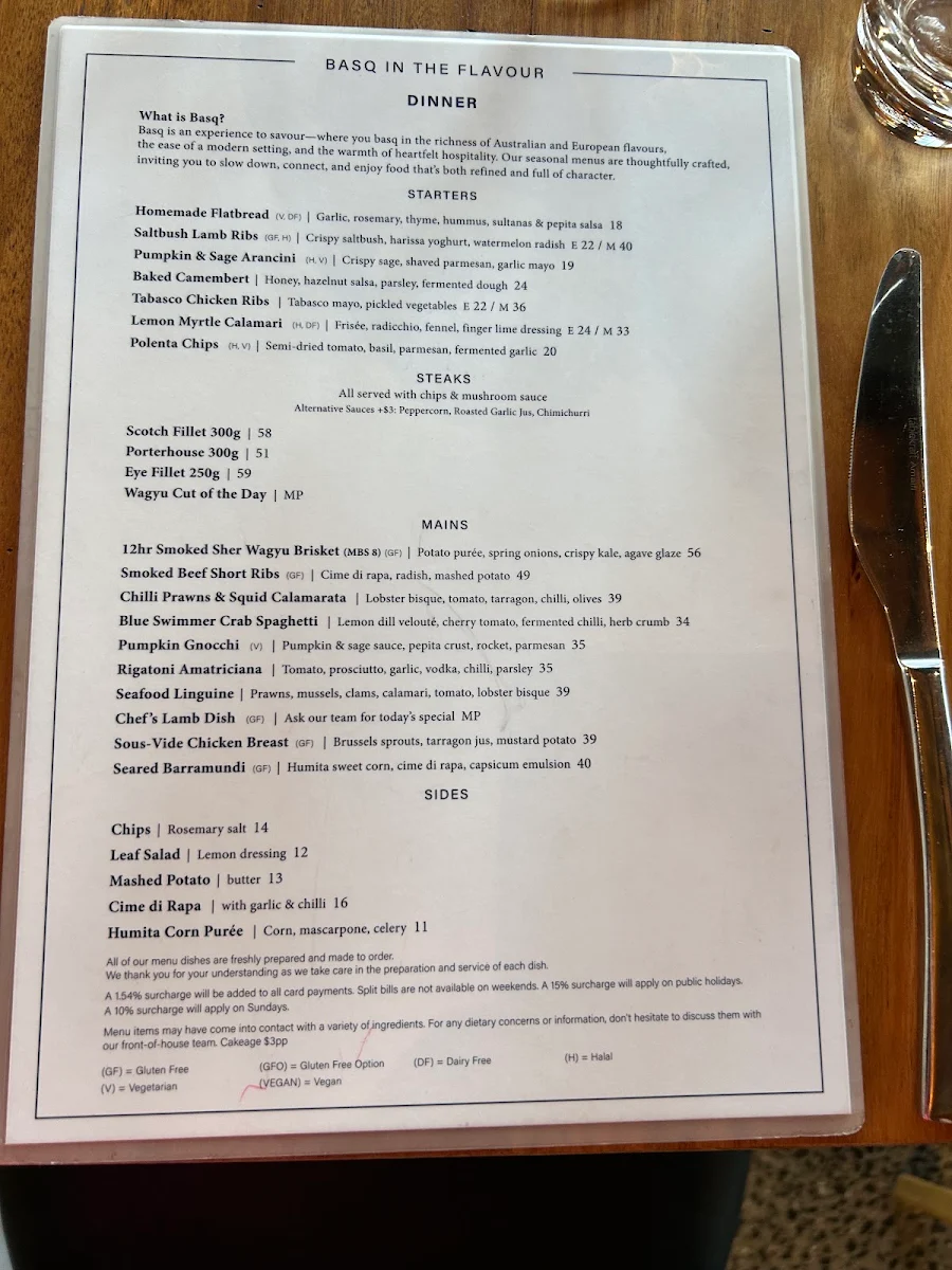 Menu, Basq - Essendon Fields
