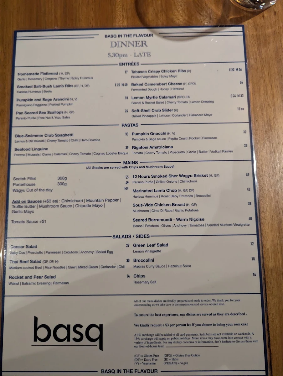 Menu, Basq - Essendon Fields