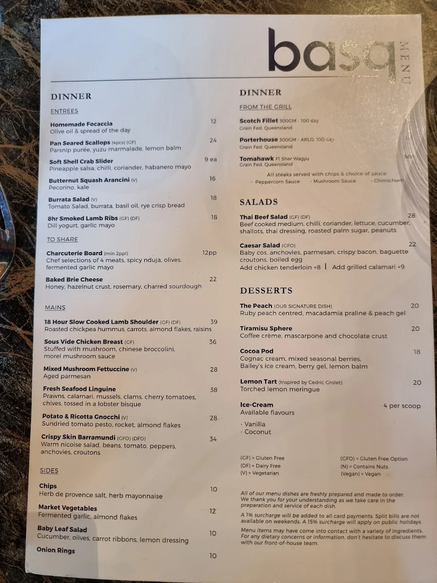 Menu, Basq - Essendon Fields
