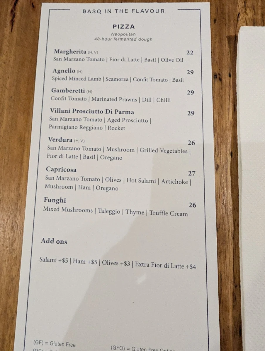 Menu, Basq - Essendon Fields