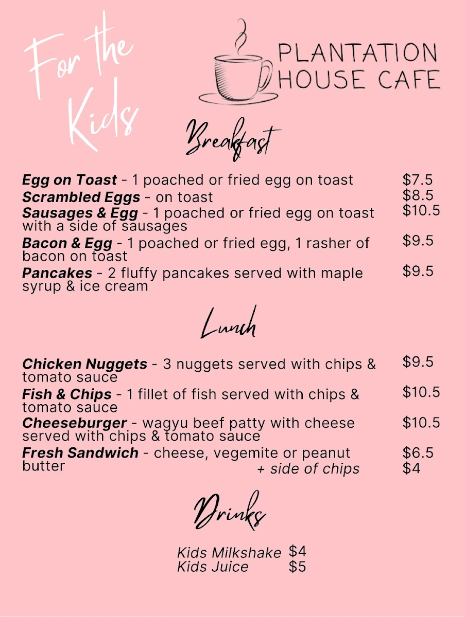 Menu, Plantation House Cafe