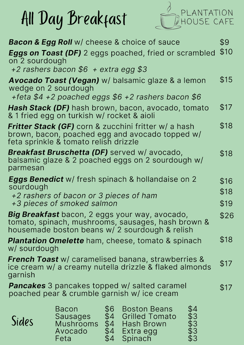 Menu, Plantation House Cafe