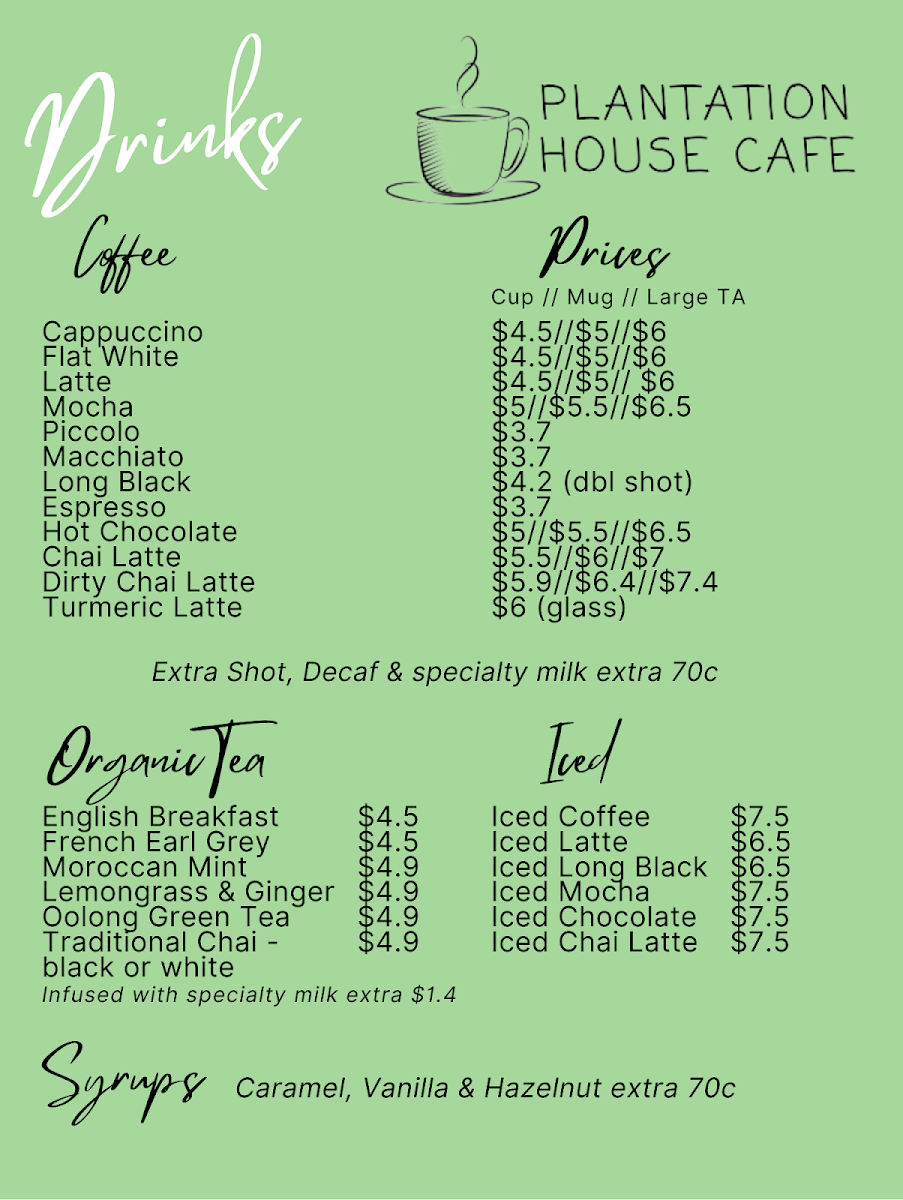 Menu, Plantation House Cafe