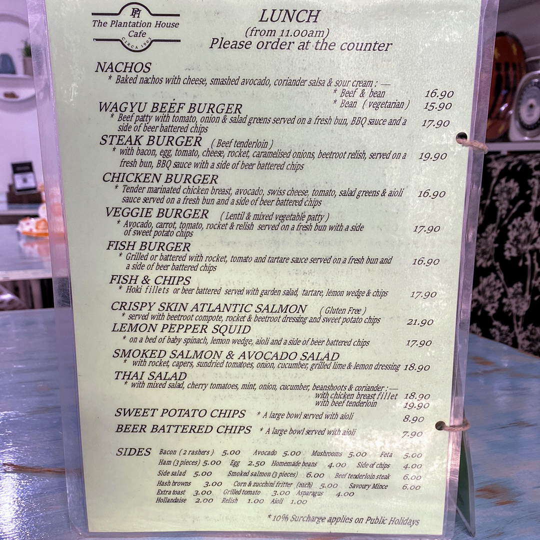Menu, Plantation House Cafe