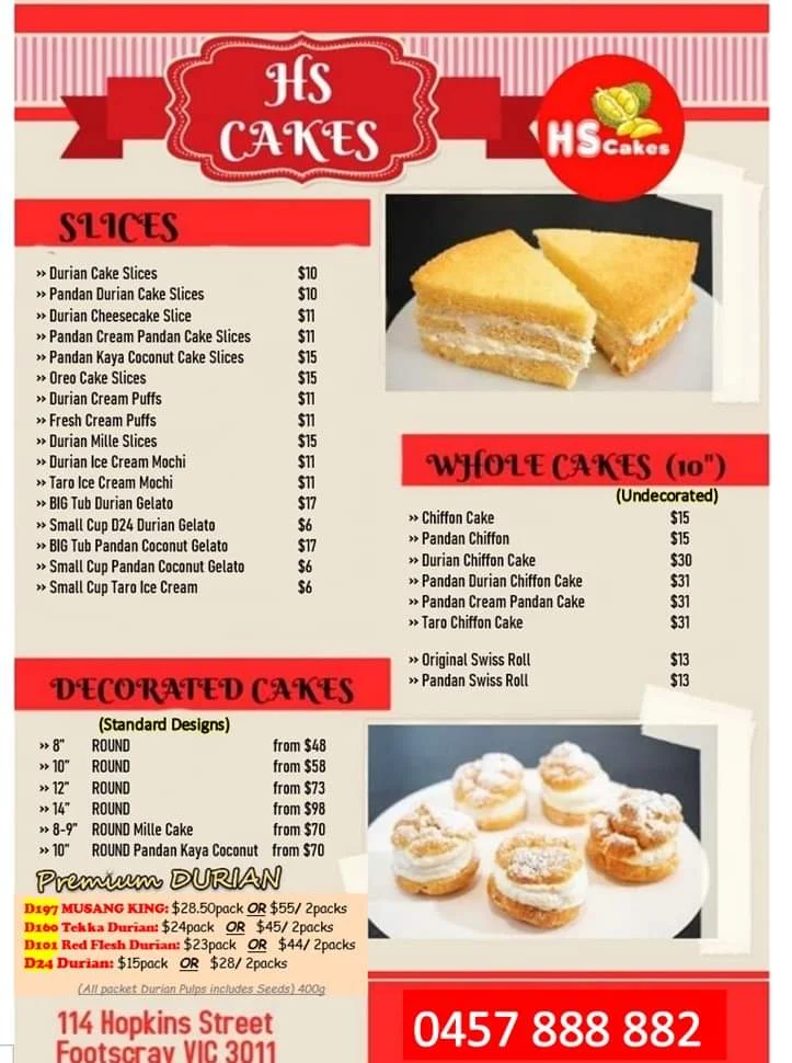 Menu, HS CAKES FOOTSCRAY