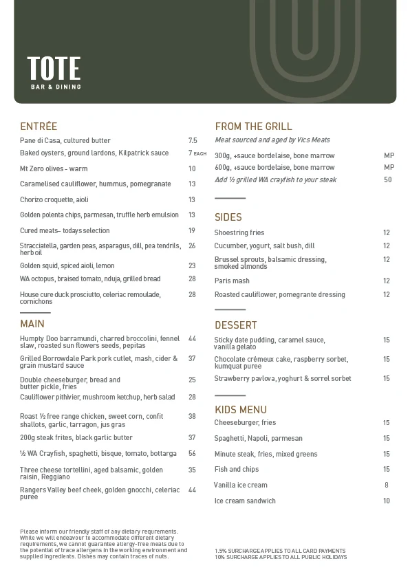 Menu, TOTE Bar & Dining
