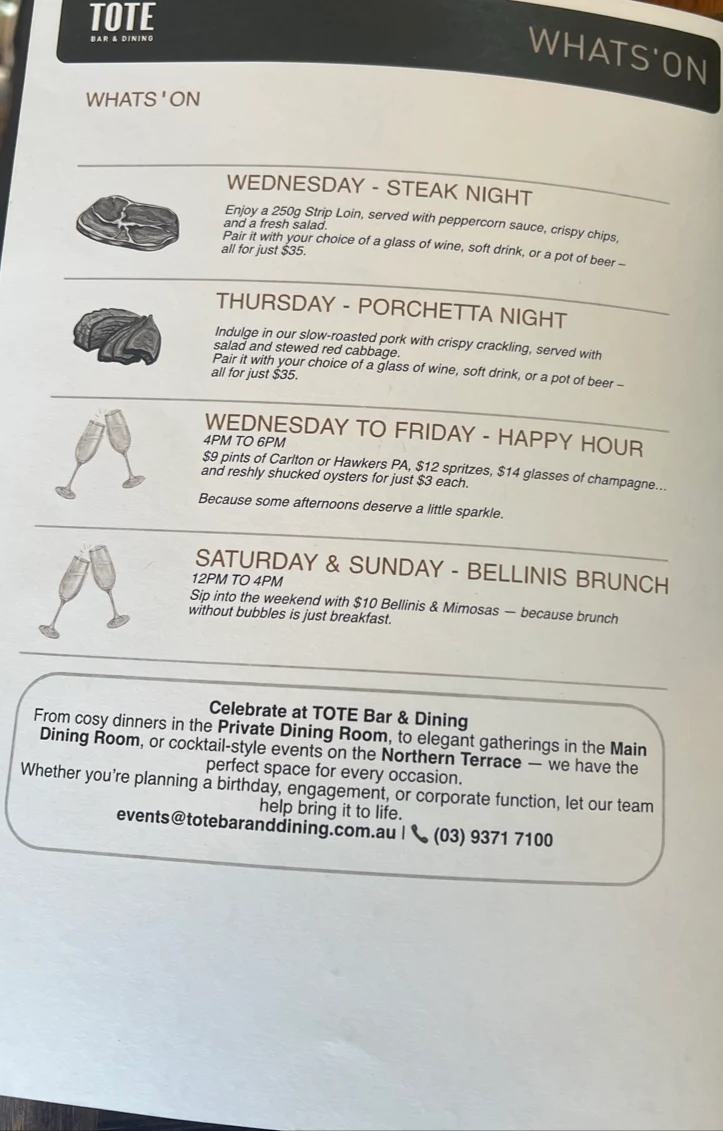 Menu, TOTE Bar & Dining