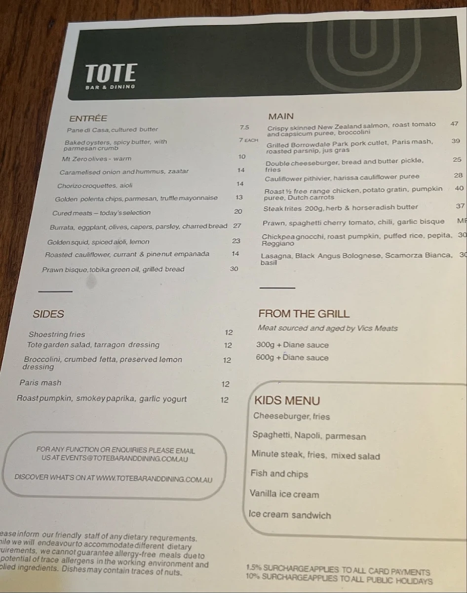 Menu, TOTE Bar & Dining