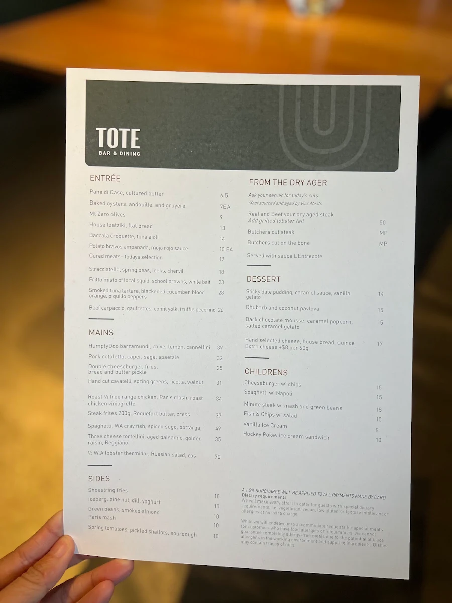 Menu, TOTE Bar & Dining