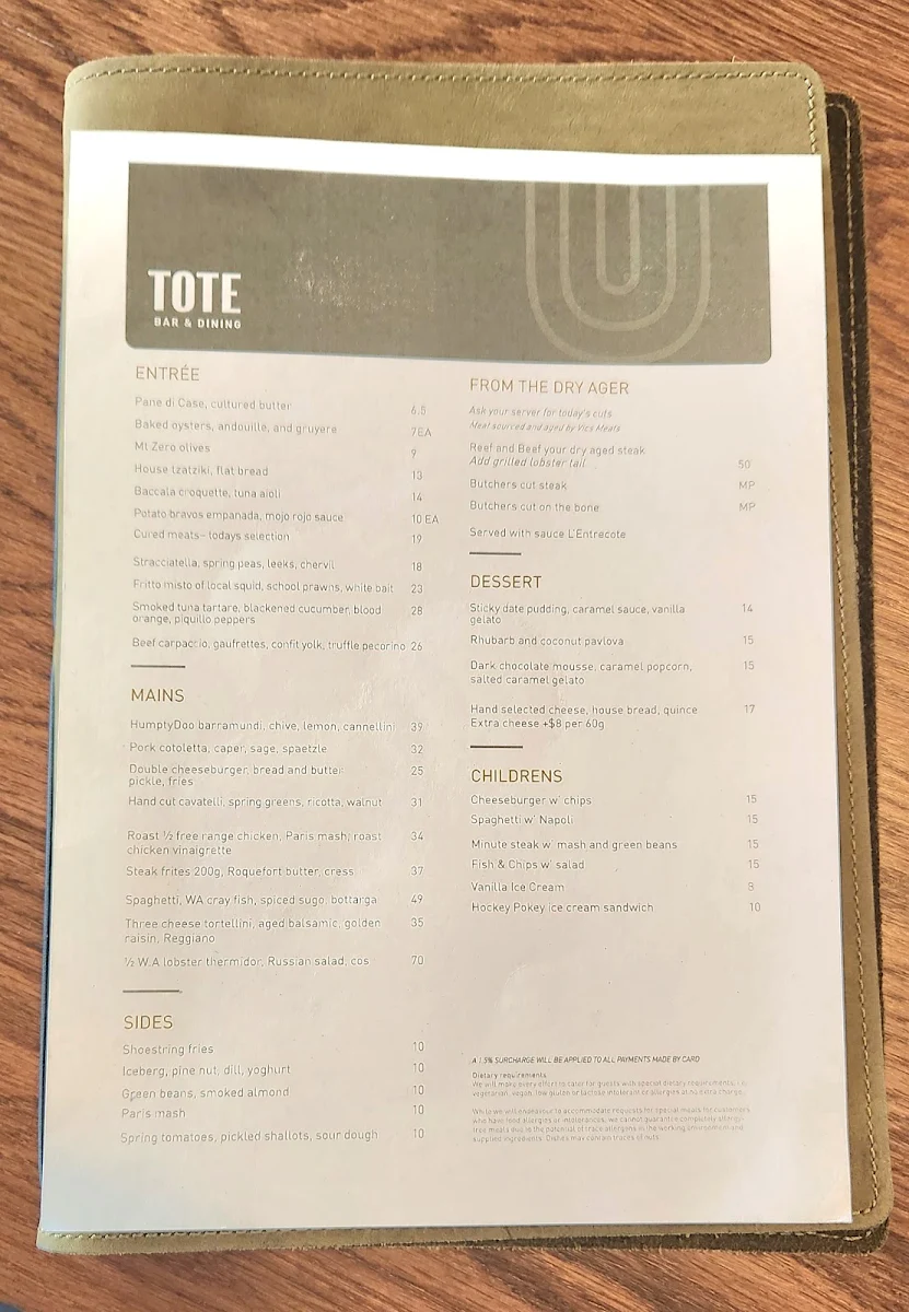 Menu, TOTE Bar & Dining