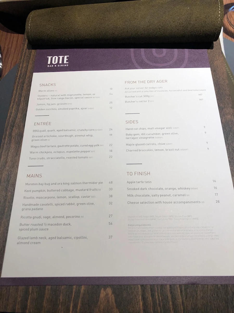 Menu, TOTE Bar & Dining