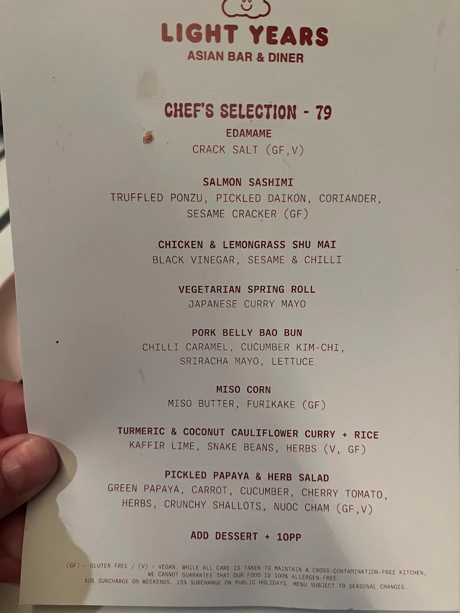 Menu, Light Years - Noosa