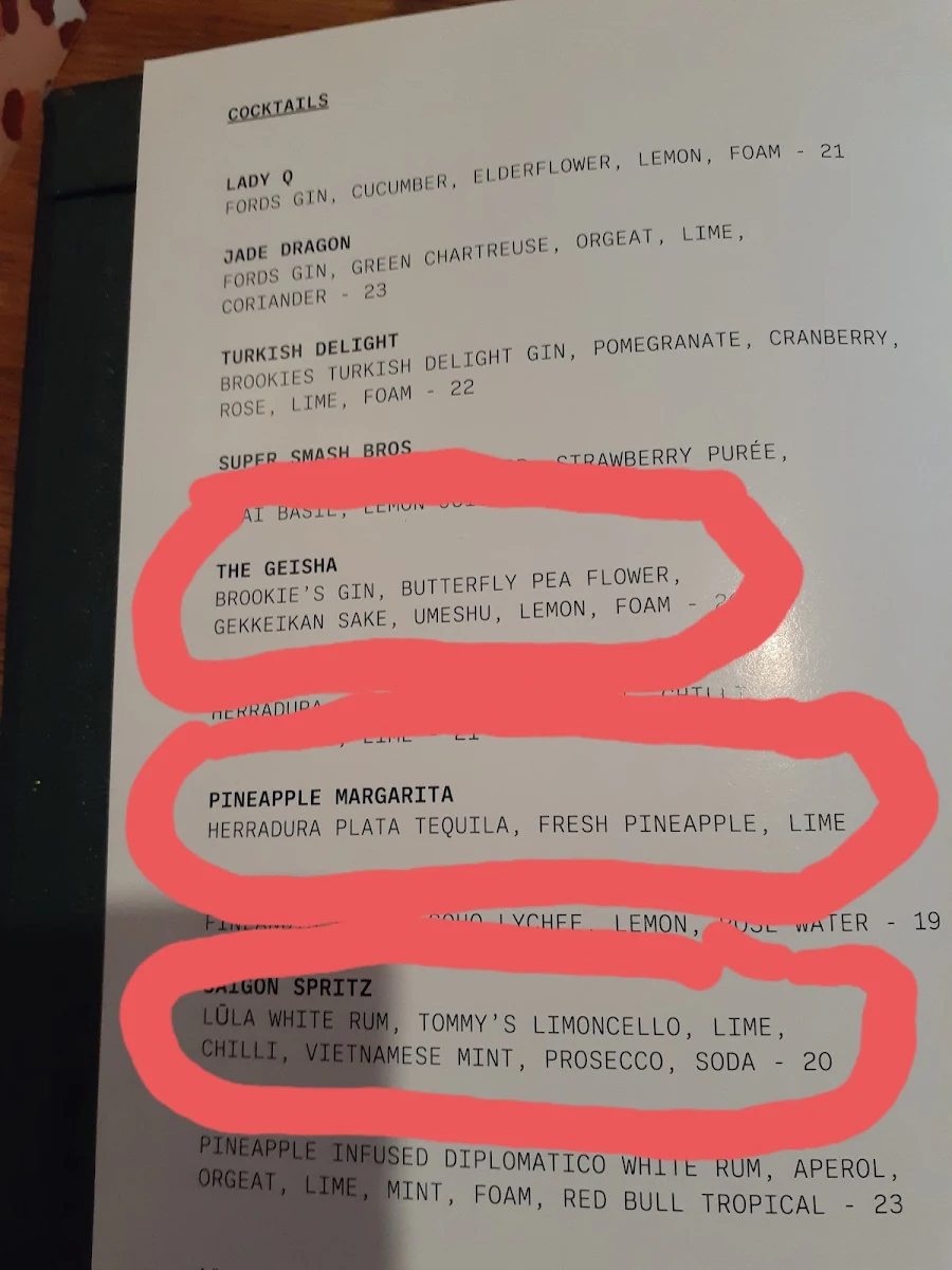 Menu, Light Years - Noosa