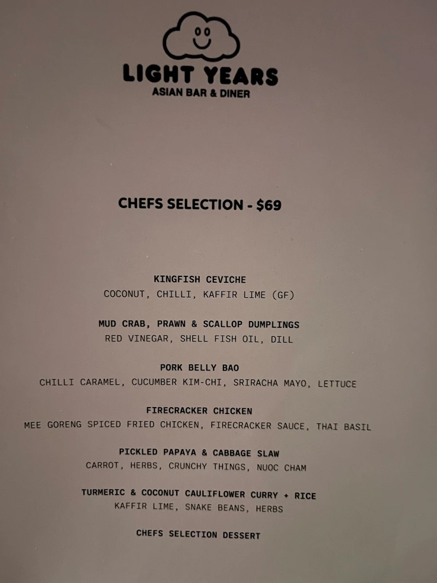 Menu, Light Years - Noosa