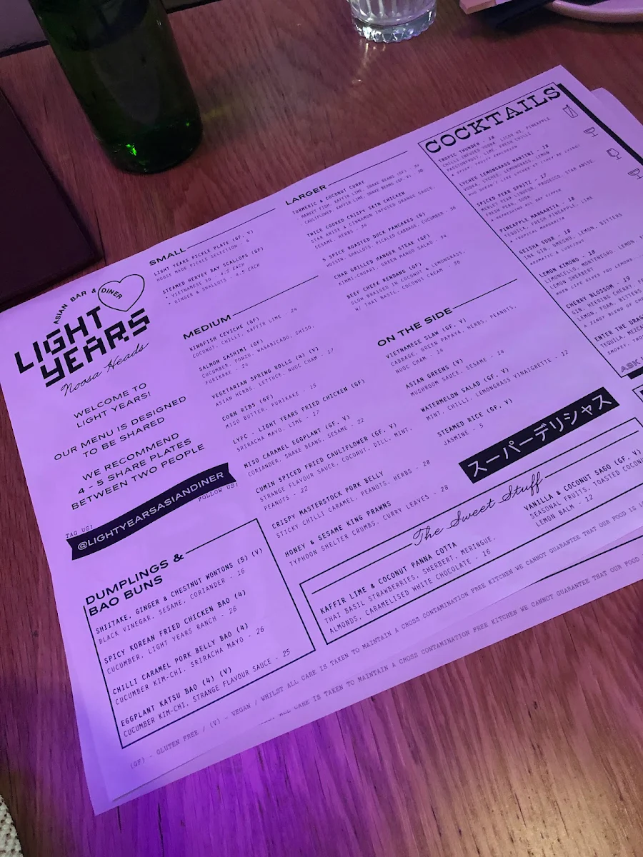 Menu, Light Years - Noosa