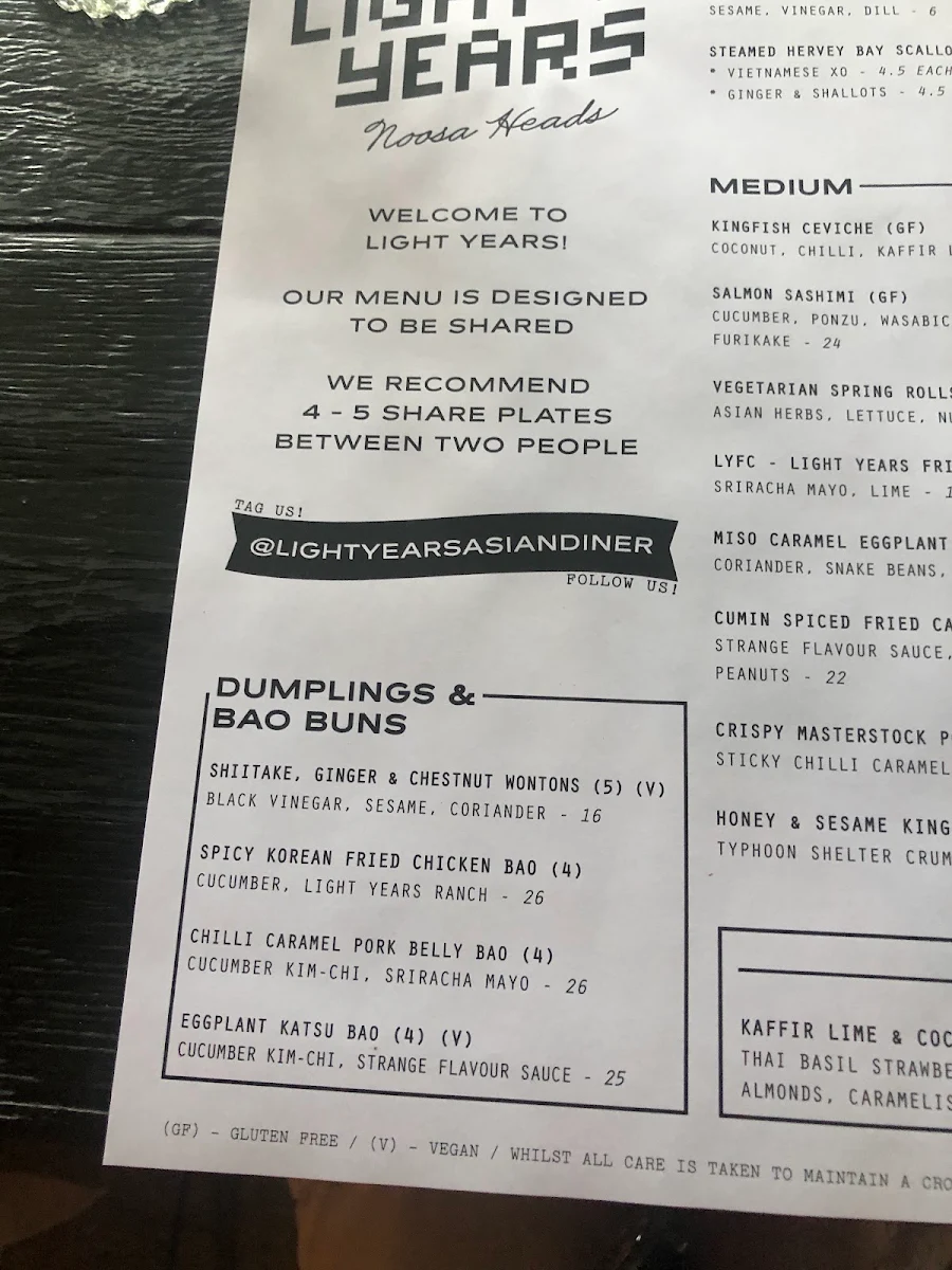 Menu, Light Years - Noosa