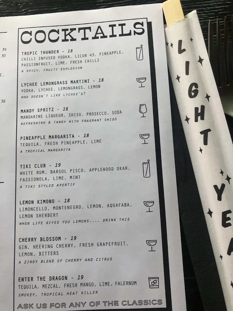 Menu, Light Years - Noosa