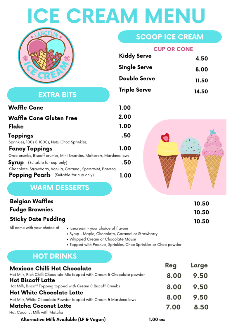 Menu, Lancelin Icecream & Bubble Tea