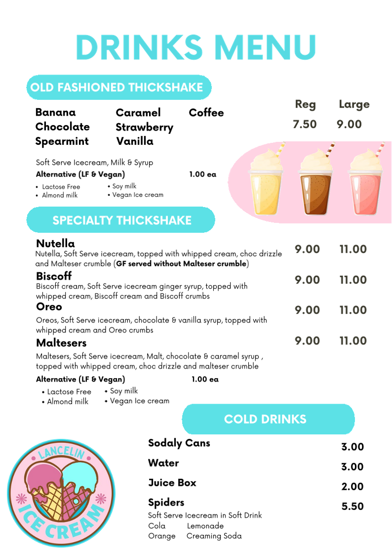 Menu, Lancelin Icecream & Bubble Tea