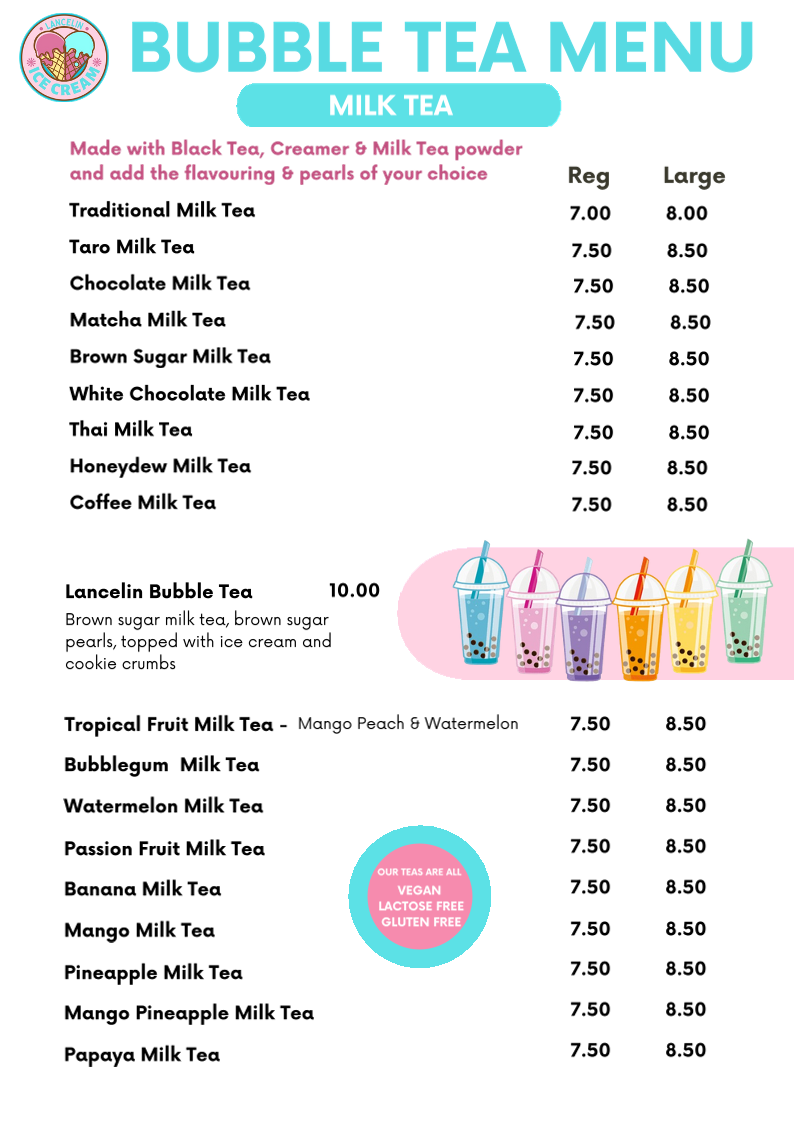 Menu, Lancelin Icecream & Bubble Tea