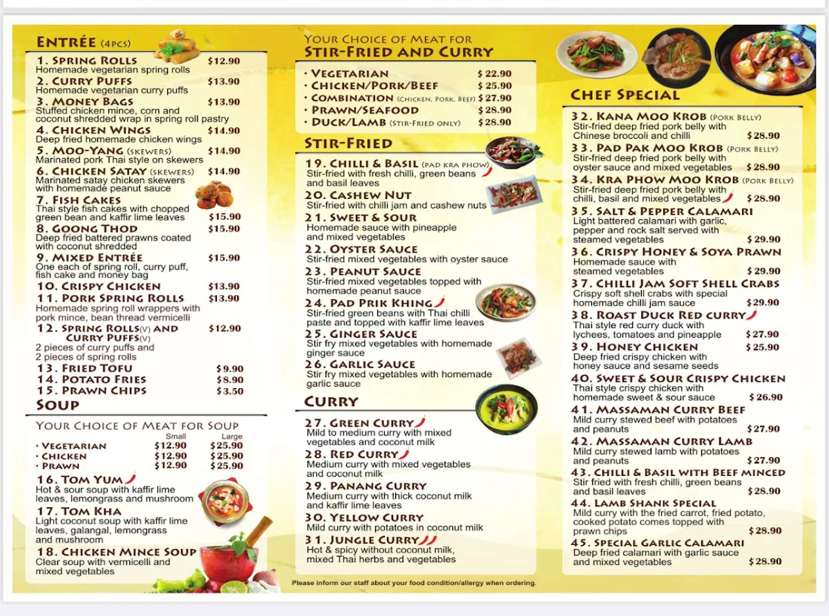 Menu, Manor Thai Restaurant