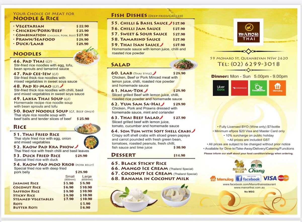 Menu, Manor Thai Restaurant