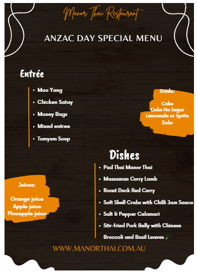 Menu, Manor Thai Restaurant