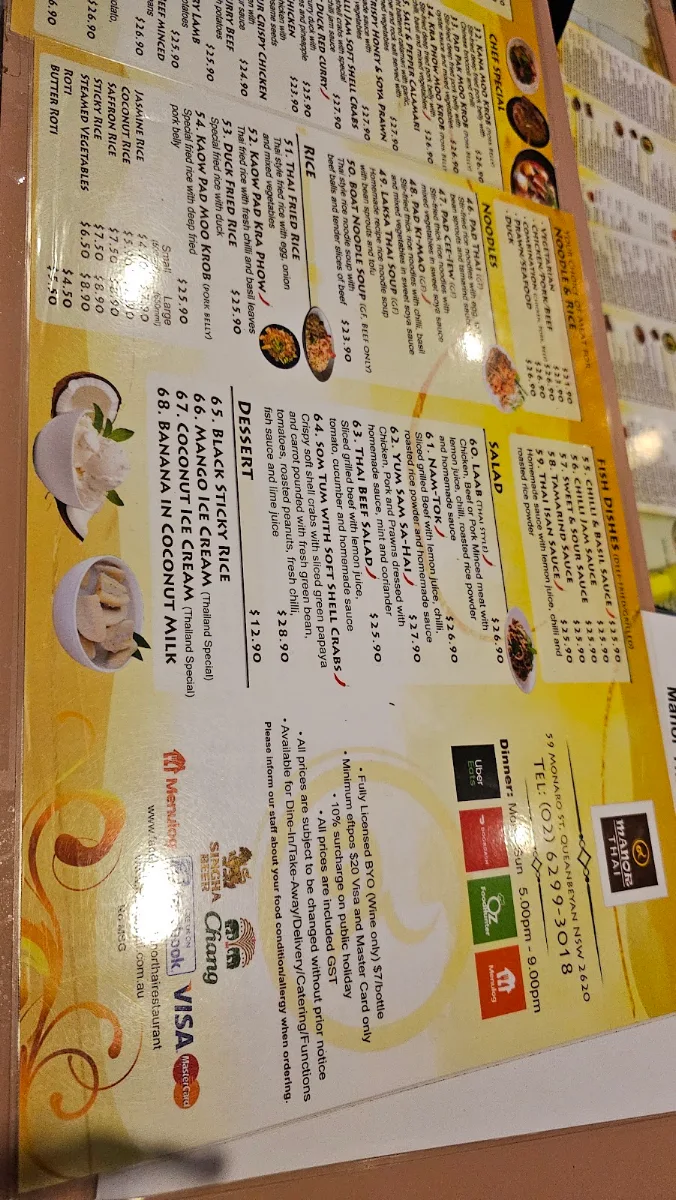 Menu, Manor Thai Restaurant