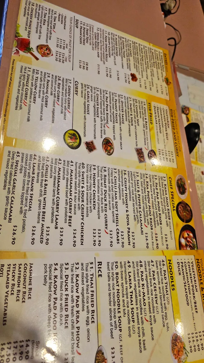 Menu, Manor Thai Restaurant
