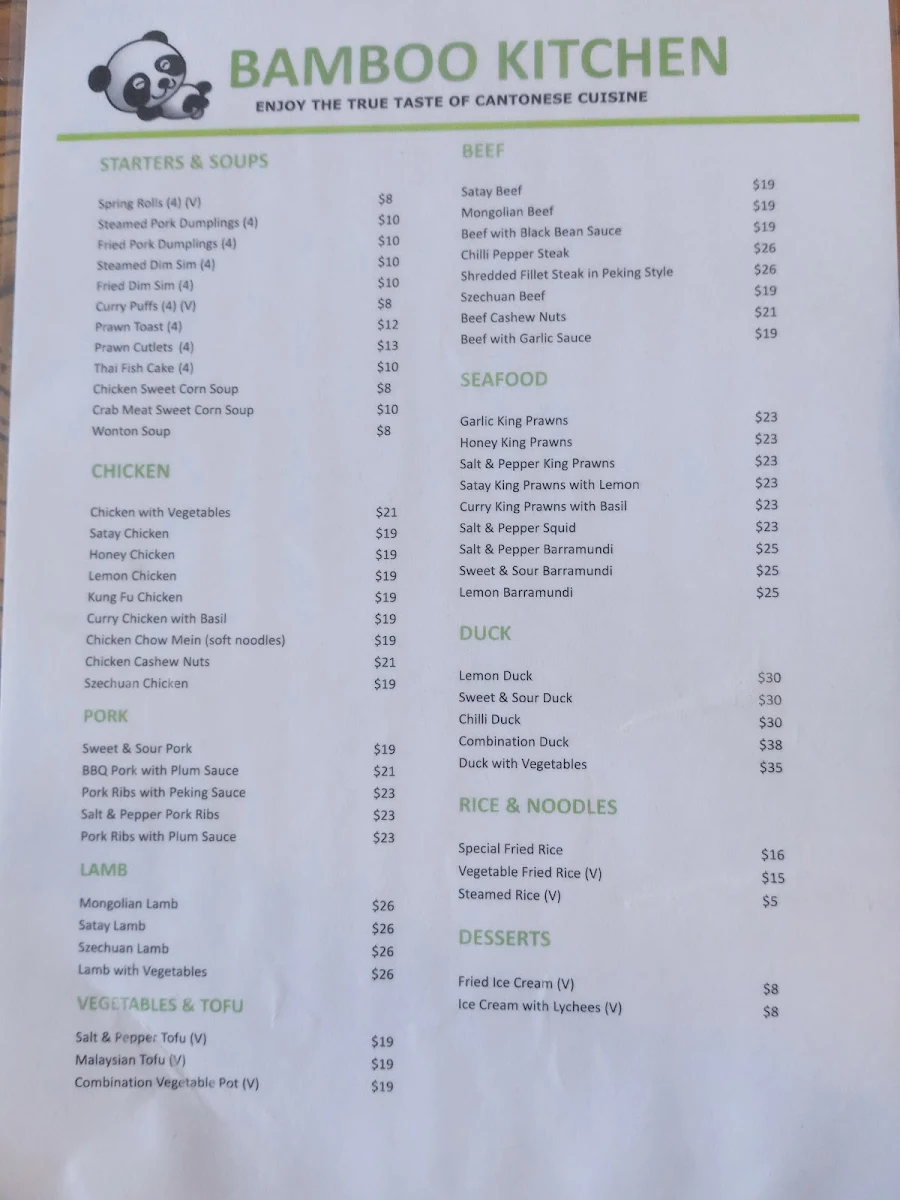 Menu, Bamboo Kitchen