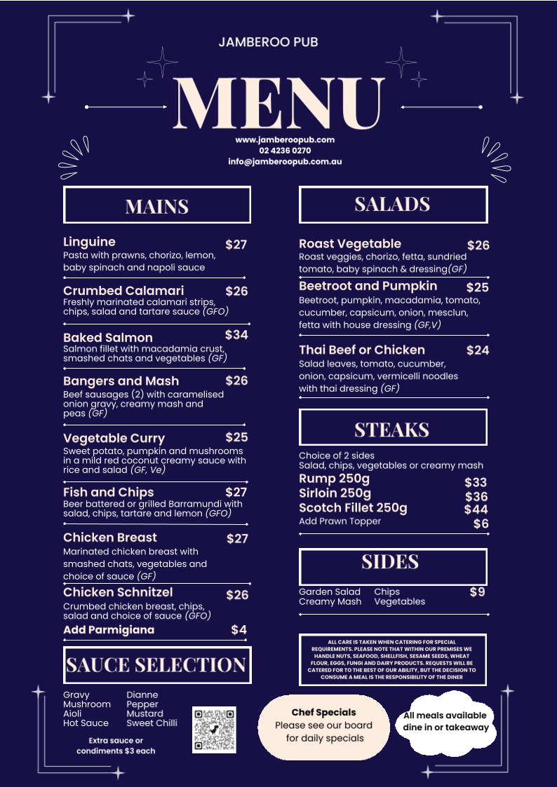 Menu, Jamberoo Pub