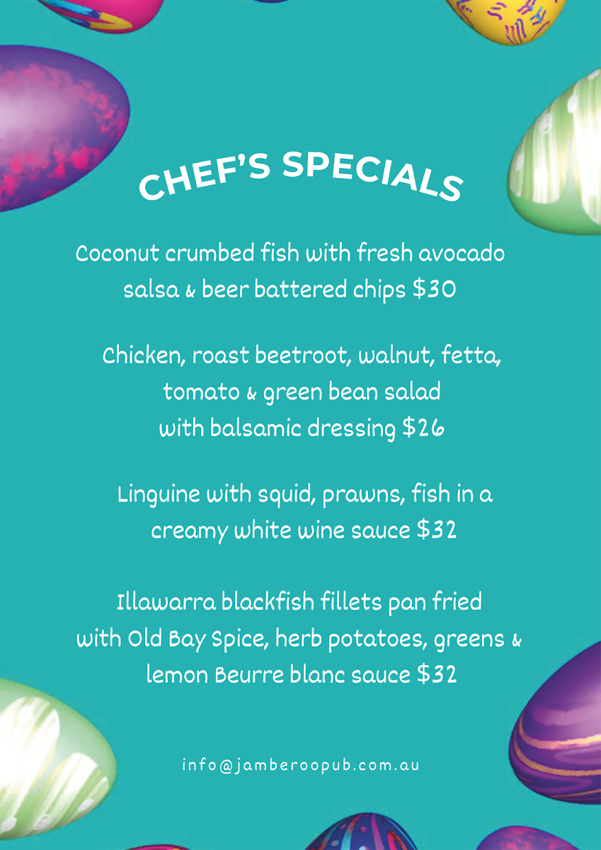 Menu, Jamberoo Pub