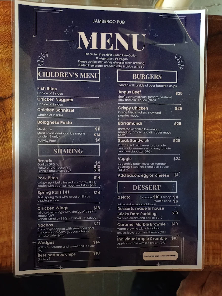 Menu, Jamberoo Pub