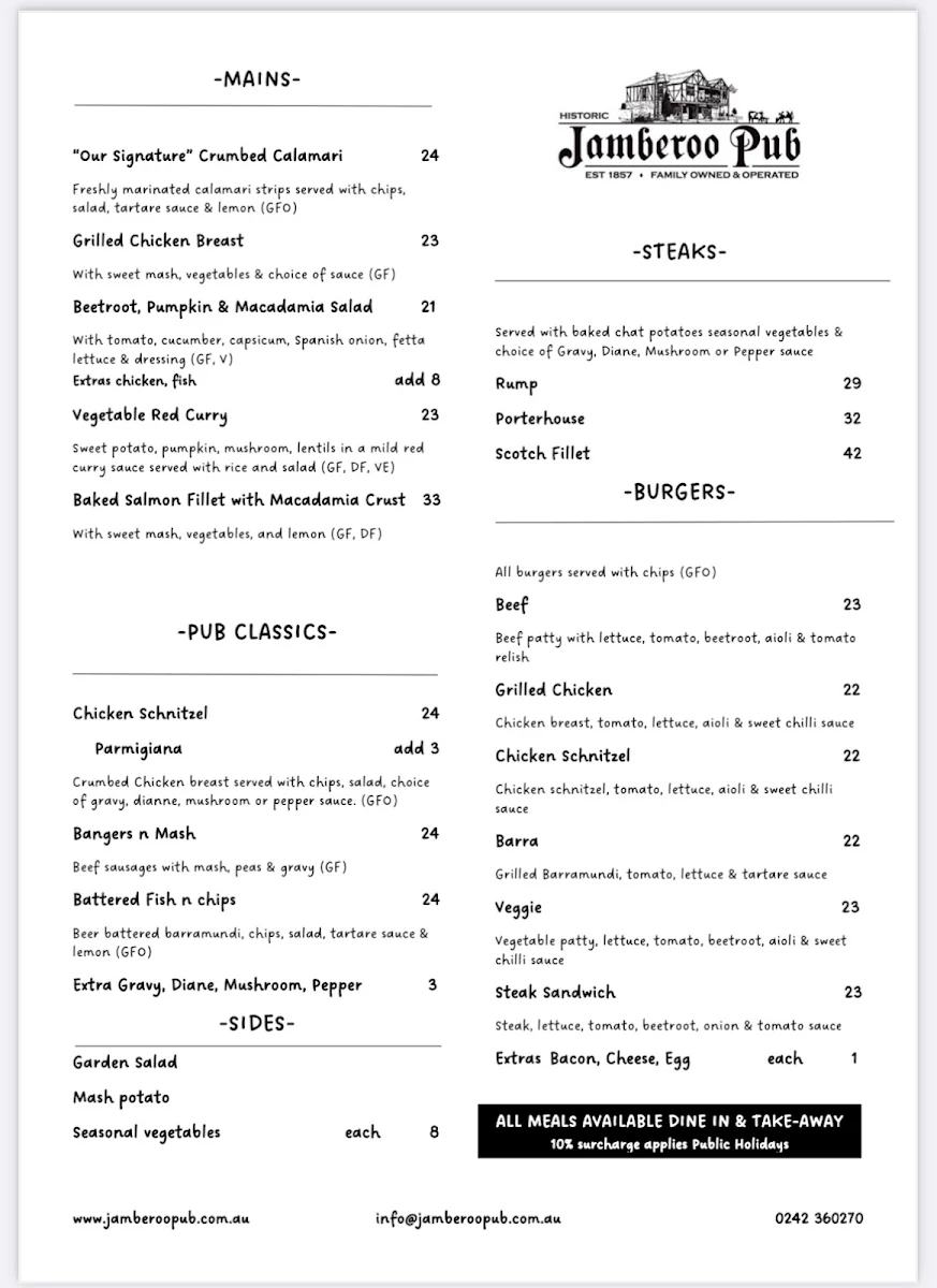 Menu, Jamberoo Pub